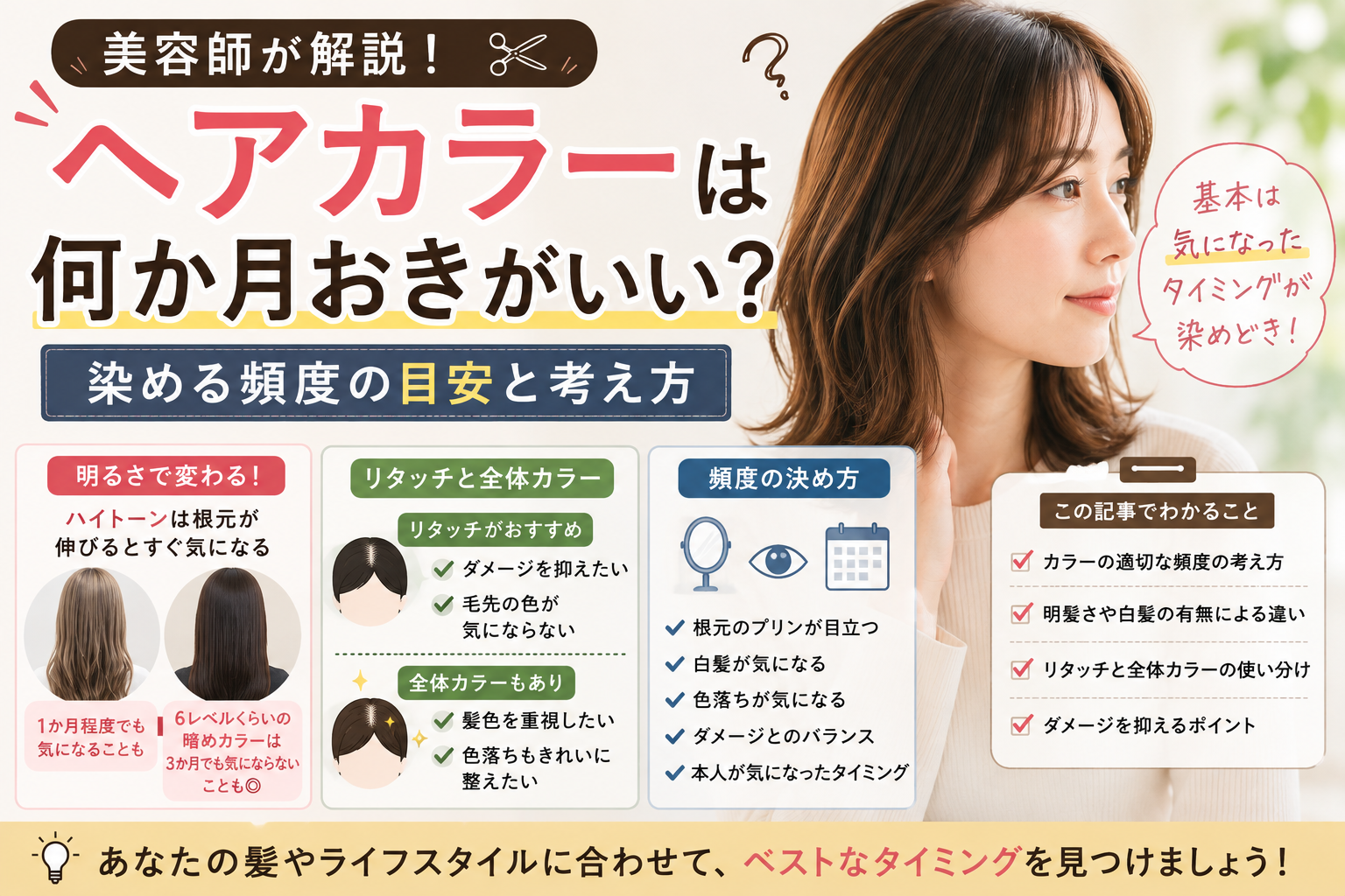 ヘアカラーは何か月おきがいい？染める頻度の目安を美容師が解説するアイキャッチ画像